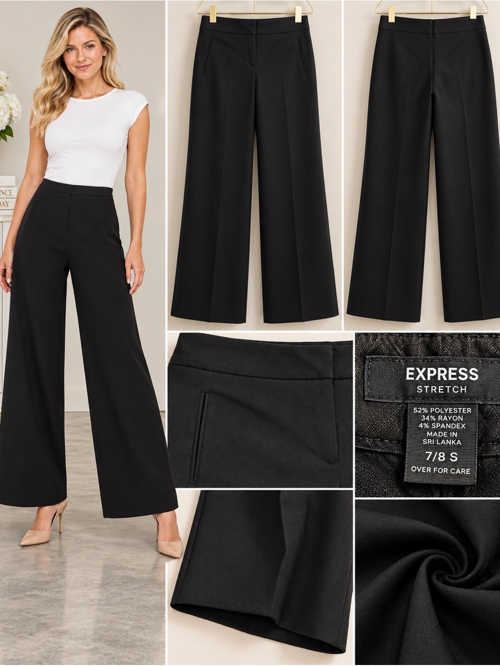 Express Black Stretch Wide Leg Dress Pants Women’s Size 7/8 Slim Career Trousers